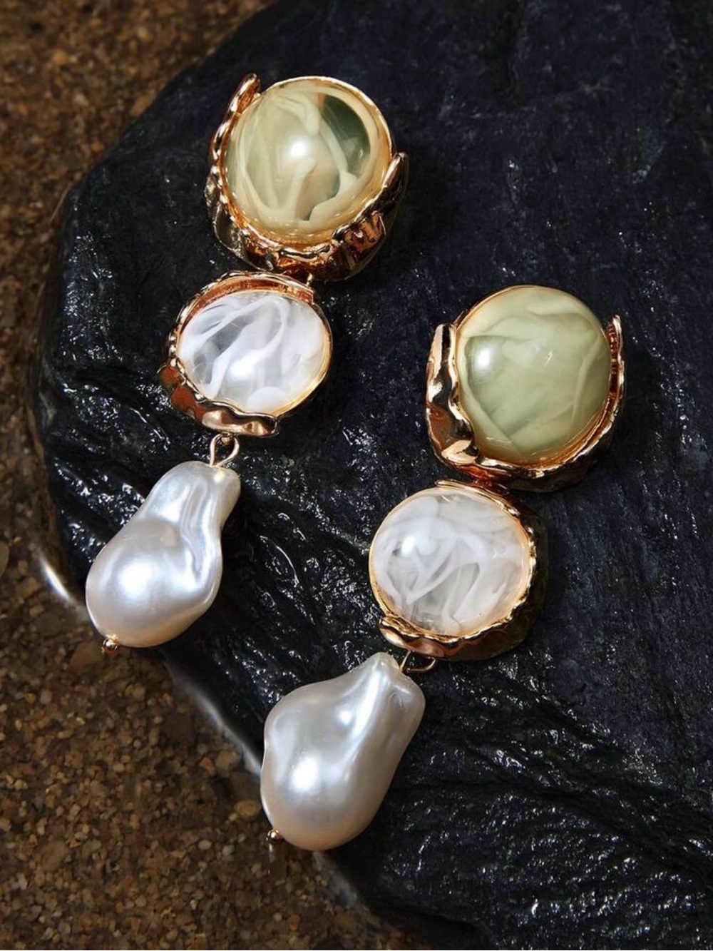Olive Green Stone earings with Pearl